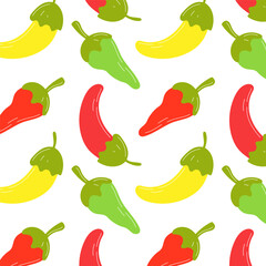 Vegetable background of Mexican peppers of different colors. Seamless isolated pattern of hot peppers.