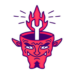 Devil head with flaming wrench inside, illustration for t-shirt, sticker, or apparel merchandise. With doodle, retro, and cartoon style.