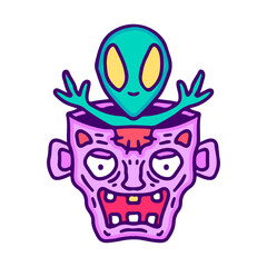 Alien inside zombie head, illustration for t-shirt, sticker, or apparel merchandise. With doodle, retro, and cartoon style.