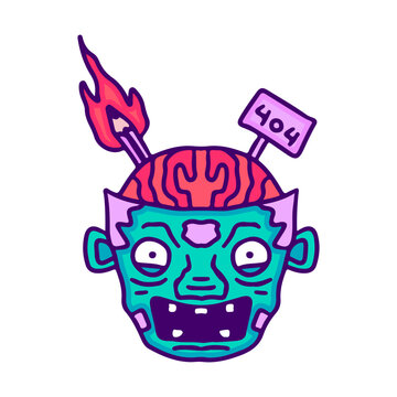Crazy zombie head, illustration for t-shirt, sticker, or apparel merchandise. With doodle, retro, and cartoon style.