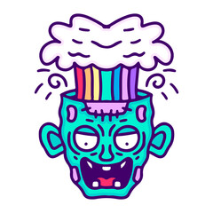 Rainbow explosion inside zombie head, illustration for t-shirt, sticker, or apparel merchandise. With doodle, retro, and cartoon style.