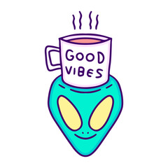 Alien head and cup of coffee, illustration for t-shirt, sticker, or apparel merchandise. With doodle, retro, and cartoon style.