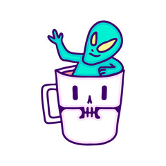 Alien chill out inside a skull mug, illustration for t-shirt, sticker, or apparel merchandise. With doodle, retro, and cartoon style.