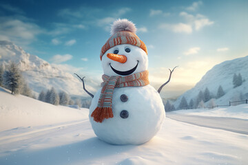 Fototapeta premium Panoramic view of happy snowman in winter scenery with copy space, Created using generative AI tools.
