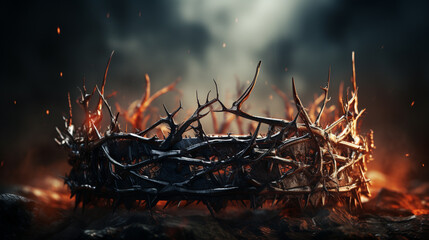 Selective focus crown of thorns of Jesus Christ on wooden background with window light, Vintage tone with copy space Generative AI - obrazy, fototapety, plakaty