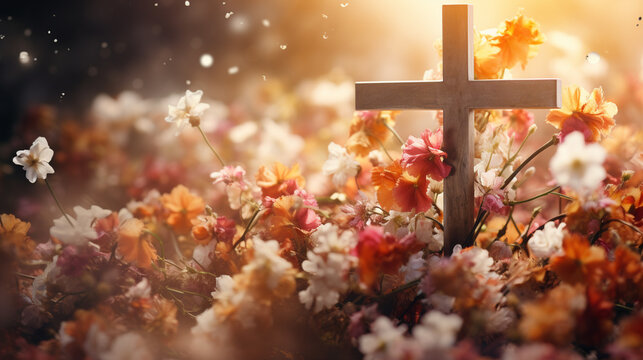 Background of thanks giving concept: Silhouette cross and birds flying on meadow autumn sunrise Generative AI