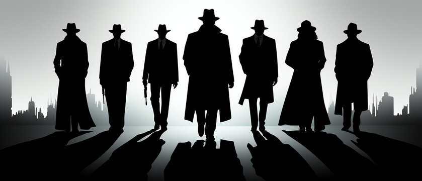 Mafia Hitman Group Men in Hats and Coats Walking Away From City Silhouettes Shadow Background Illustration
