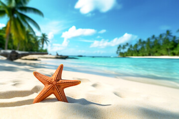 Fototapeta na wymiar Starfish on a sandy beach against the backdrop of the ocean and palm leaves. AI generated