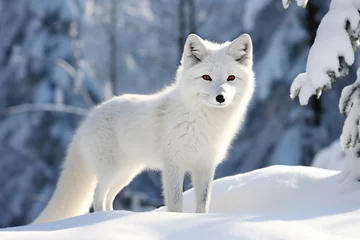 Poster Arctic fox in a wild snowy landscape. AI generated