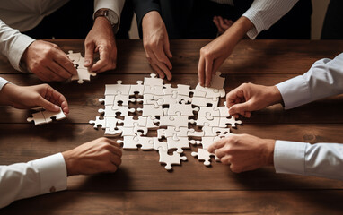 Business people team sitting around meeting table and assembling wooden jigsaw puzzle pieces