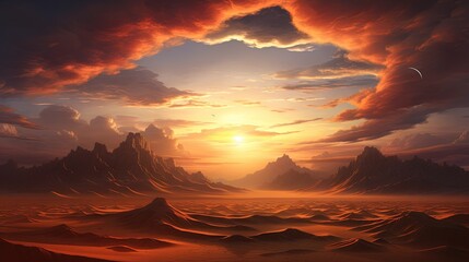  a painting of a sunset over a desert with mountains in the background.  generative ai