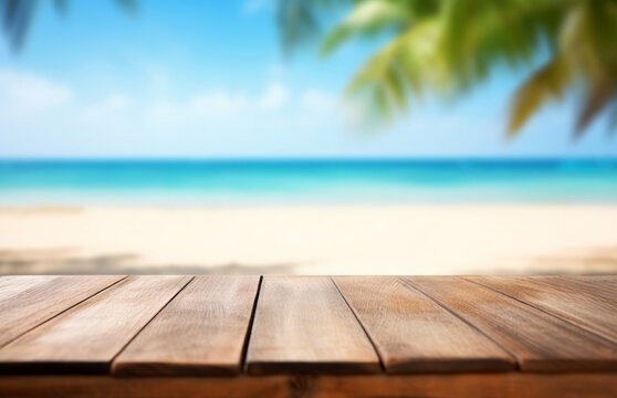 Wooden Table Over Blur Tropical Beach Background, Product Display Montage. High Quality Photo