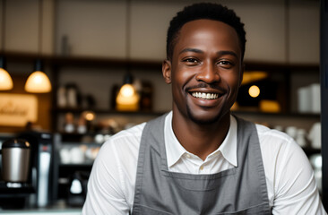 Portrait of a smiling men at work in a vintage cafe.