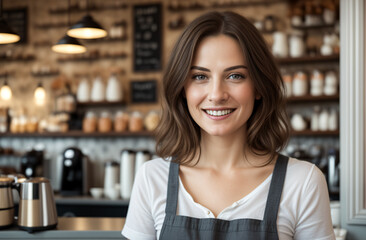 Portrait of a smiling girl at work in a vintage cafe.