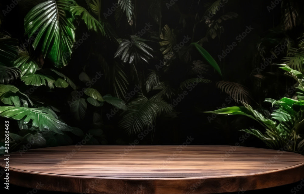 Poster empty round wooden table and tropical leaves on dark background. for product display. high quality p
