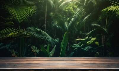 Wooden table top on blur tropical forest background with bokeh light. High quality photo