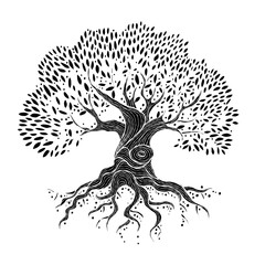 Old big family tree with roots isolated on white. Concept Art for your design. Design interior ideas.