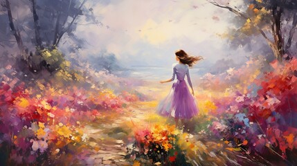  a painting of a woman walking through a field of flowers.  generative ai