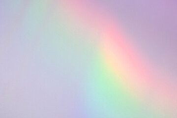 Neon rainbow gradient color light effect on white wall. Holographic light refraction overlay, subtle lighting, shading, unicorncore, lo-fi aesthetics. Abstract pastel colorful light leak bokeh texture