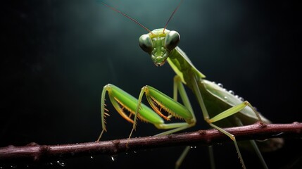  a close up of a praying mantissa on a branch.  generative ai