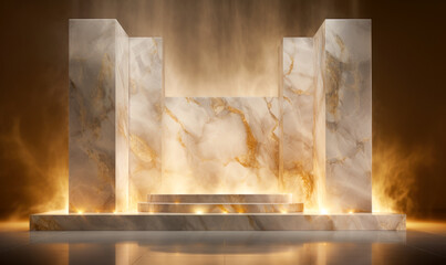 Empty luxury podium. Marble textured pedestal. Mockup of golden podium in dark