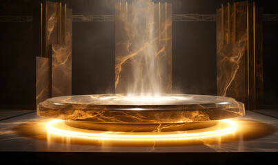 Empty luxury podium. Marble textured pedestal. Mockup of golden podium in dark