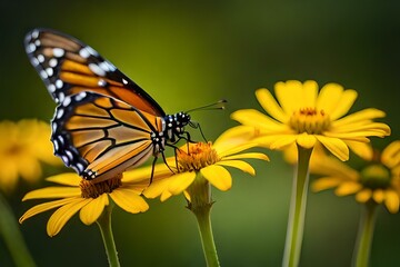 Portrait of monarch butterfly on yellow flower.  Ai Generated.
