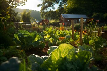A beautiful allotment garden in the summer that's growing vegetables to eat and sell. Generative AI.