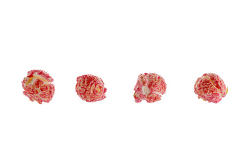 Colored fruity popcorn isolated on white background,  full depth of field. Brightly Colored Candied Popcorn.