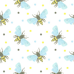 Seamless pattern with honey bees and multicolored watercolor spots on a white background. Watercolor illustration. A set OF ANIMAL FACES. Suitable for children's textiles, packaging, postcards