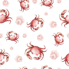 Marine seamless pattern marine animals, corals, plants, seashell, starfish, octopus, seahorse, algae, turtle. Watercolor marine background.