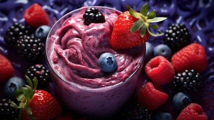  a smoothie with berries and blueberries on a table.  generative ai