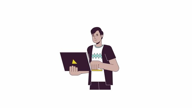 Indian graphic designer typing laptop line 2D animation. Male teleworker 4K video motion graphic. Creative career with flexible work schedule linear animated cartoon flat concept, white background