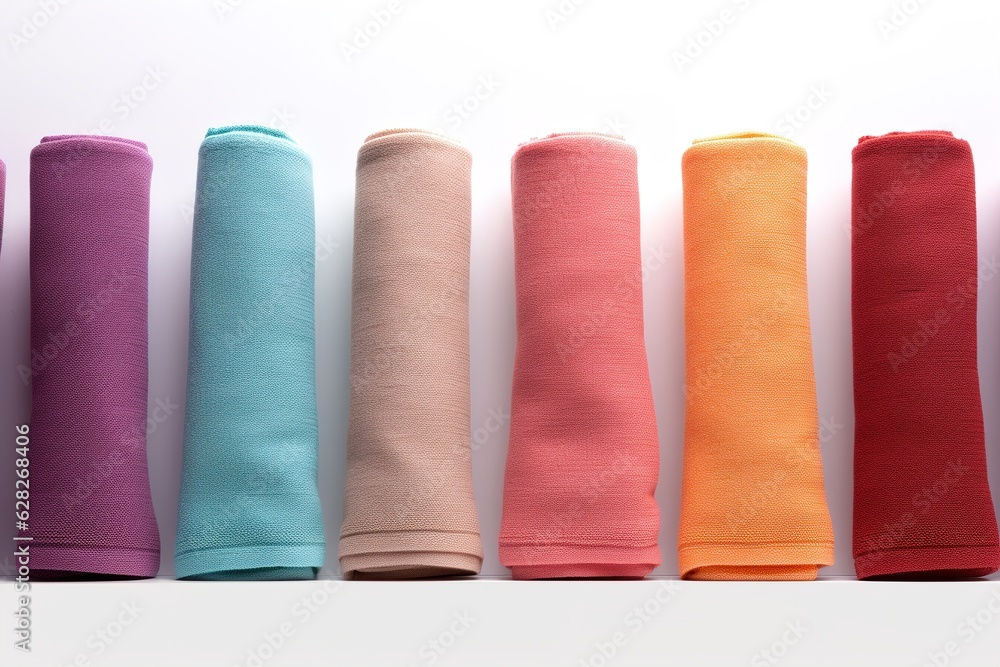 Poster set of folded and rolled colorful towels on white.