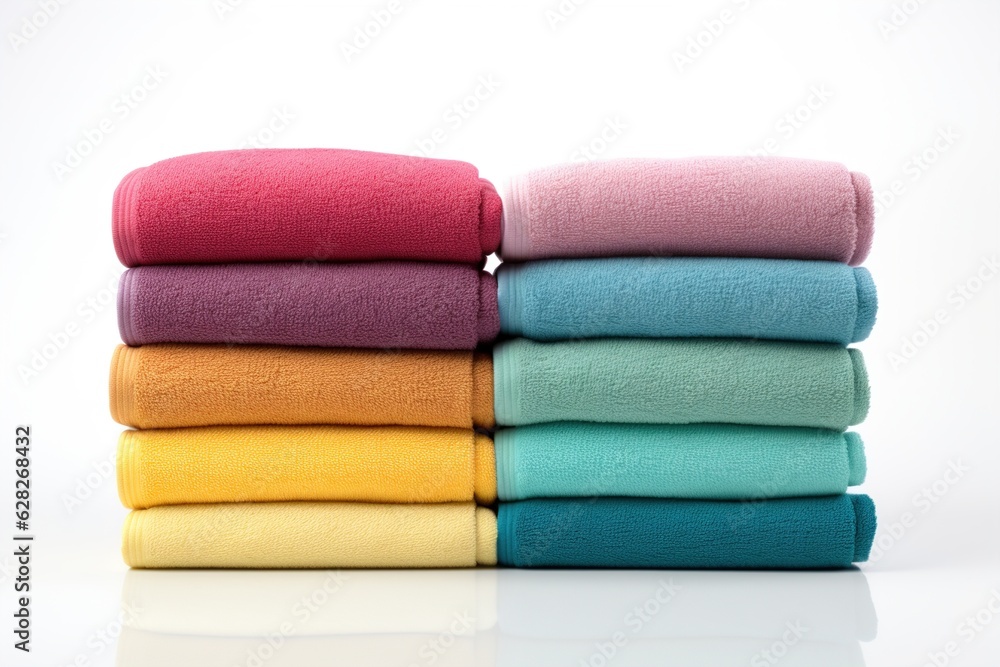 Poster set of folded and rolled colorful towels on white.