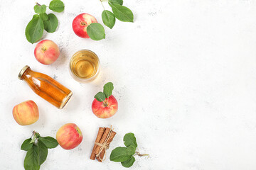 Apple cider, juice or fruit drink and ingredients on a sunny table. The concept of diet and weight...