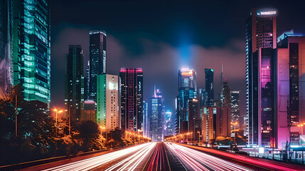 Fototapeta na wymiar Beautiful city night view. Smart digital city with high speed light trail of cars. .