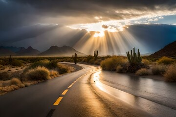 Shafts of sunlight poking through clouds in a beautiful southwestern monsoon season sky. A stunning cloudscape in the heavens with gorgeous beams and rays of light of the Sonoran Desert in Tucson, AZ.