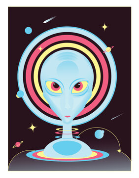 alien looking Space person with some colorful halo  around head coming out of portal and looking straight through your galaxy world, while planets, stars and comets float on the dark sky background. 