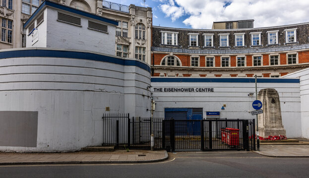 World War 2 access shaft and ventilation shaft in Chenies Street serving deep air raid shelter at Goodge Street underground station. Now used as storage. Shot on 5 July 2023.