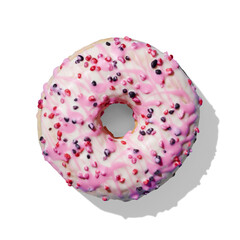 Pink donut with glaze on white background