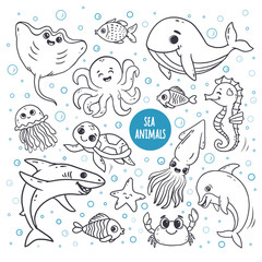 Set with Sea animals. Hand drawn sea life elements.  Marine life objects for your design. Doodle style . Vector illustration 