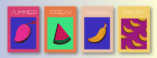 Fototapeta na wymiar Hello Summer posters or covers set. Trendy modern art. Cartoon, minimal, abstract contemporary style. Summer card, banner, label templates with fruits watermelon, mango and banana