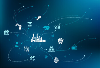 Smart company / business challenges vector illustration. Blue concept with icons related to company innovation & integration, technology in company logistics, manufacturing, engineering or processes.