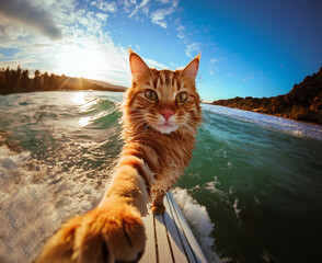 An adorable orange cat stands on a paddle surfboard on the beach. Cat taking a selfie with feline style.