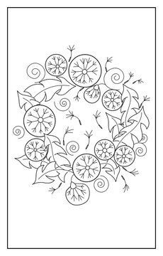 Dandelion wreath. Contour stylized flowers and leaves. Abstract floral pattern of faded flowers.