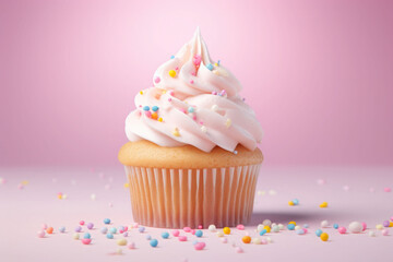 Tasty baking cupcake or muffin with cream icing, frosting, bright colored sprinkles. Generative AI