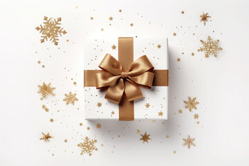 Obraz na płótnie Canvas Gifts or presents boxes with gold bows and confetti on white background, top view. AI generated
