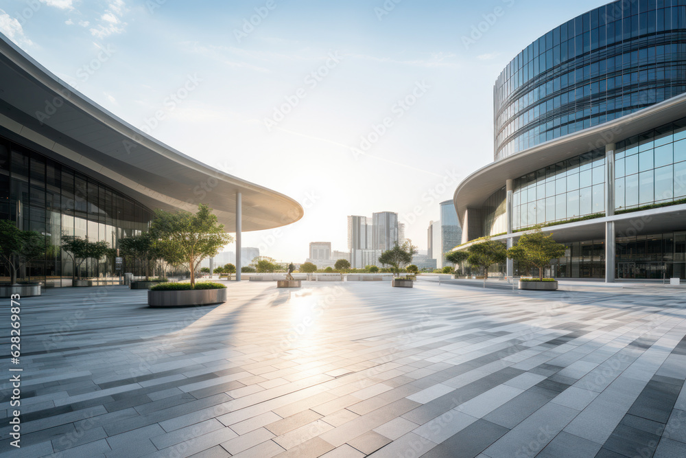 Poster empty floor with modern building at day