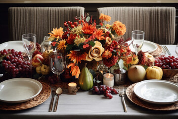 Obraz na płótnie Canvas Fall table setting for celebration Thanksgiving or Friendsgiving day, family party. AI generated